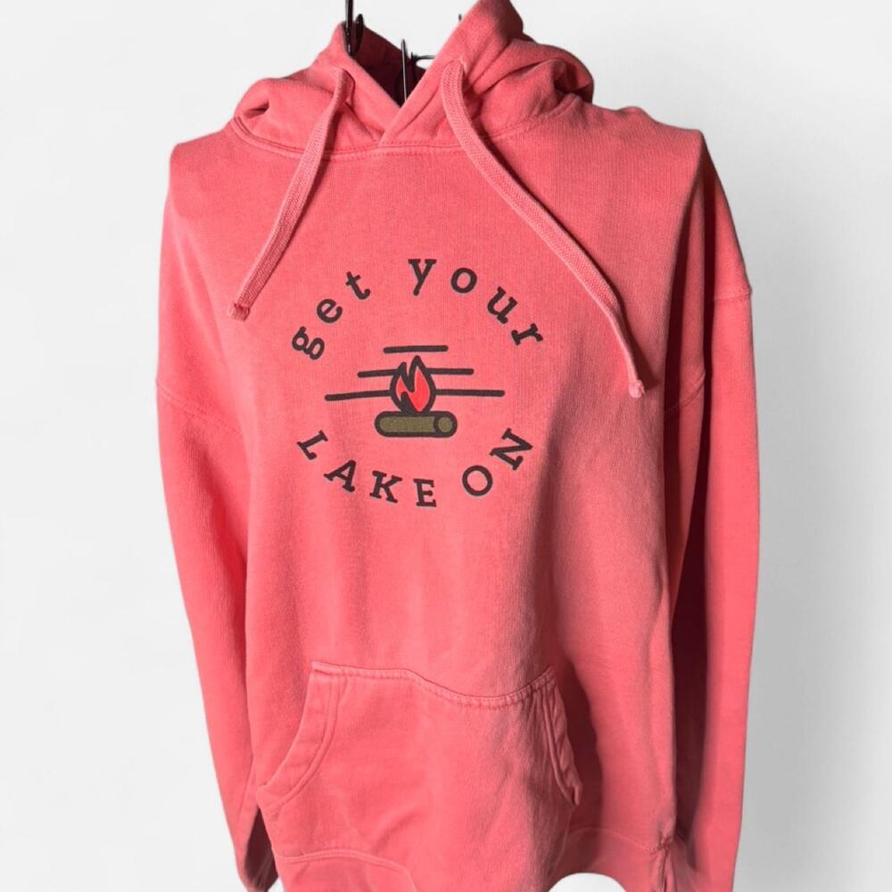 Get Your Lake On Graphic Hoodie S Coral Pink Faded Campfire Fleece Pullover